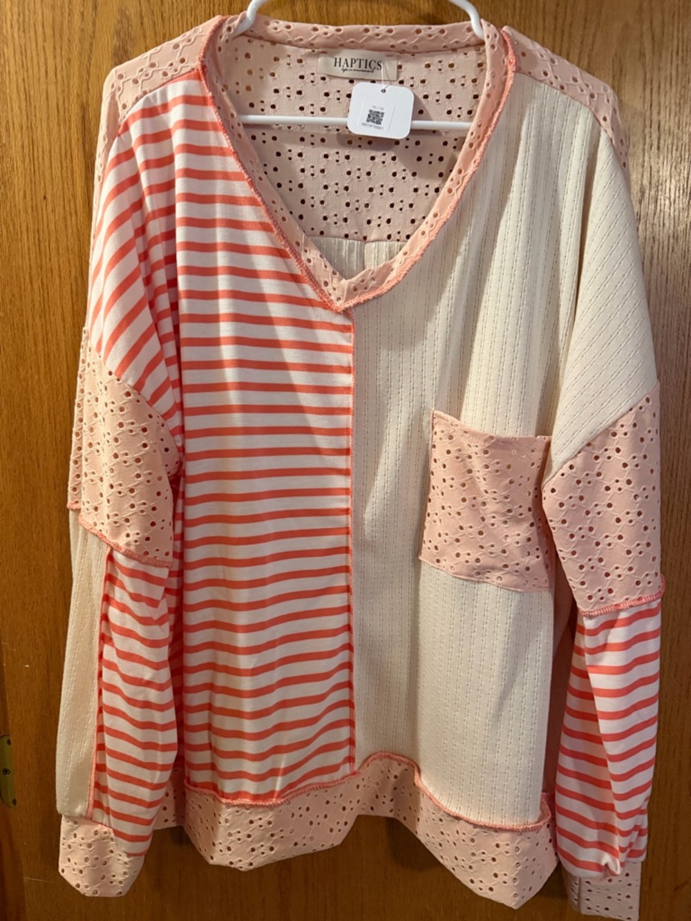 Haptics Pink Eyelet & Stripe Patchwork V-Neck Top